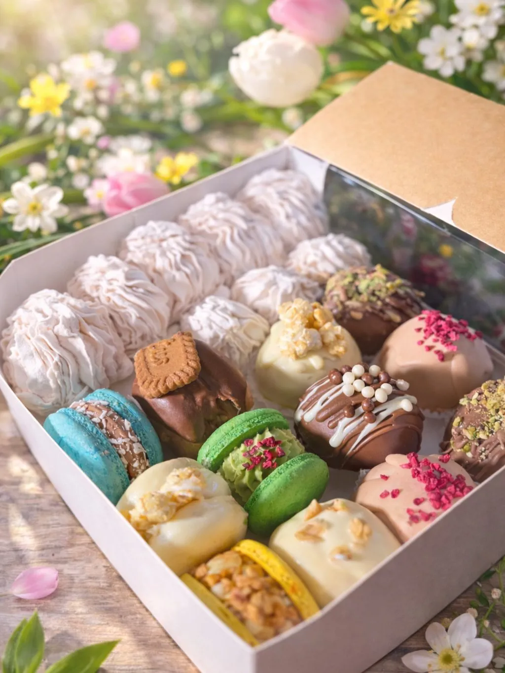 Mix kastīte ar zefīru, makarūniem un desertiem pavasara ziedu fonā